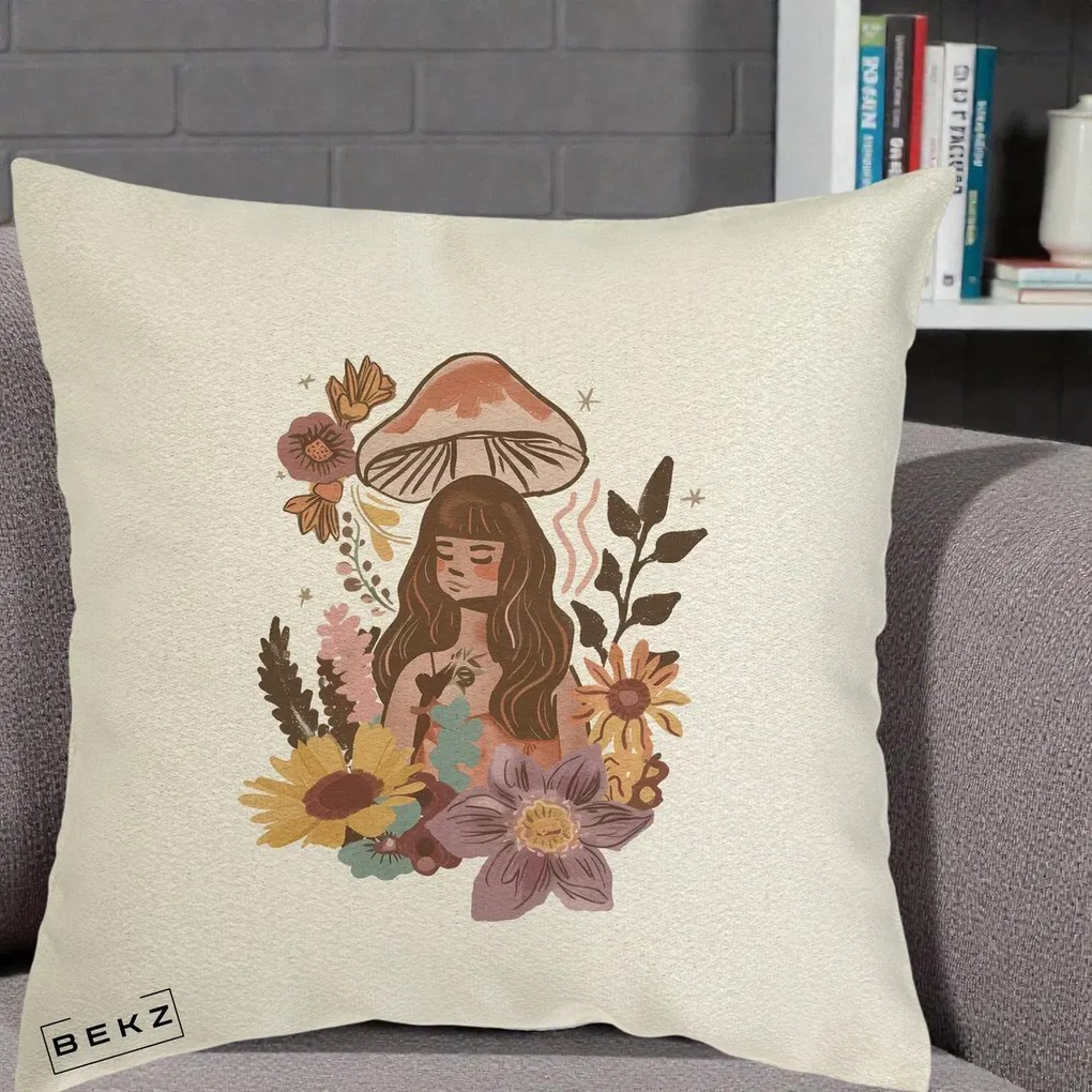 Perna Decorativa Fata Ciuperca Boho Florala, 40x40 cm, Ecru, Husa Detasabila, Perna Inclusa, BEKZ®