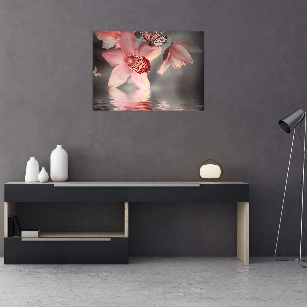 Tablou pe sticlă - Flori și fluture (70x50 cm)