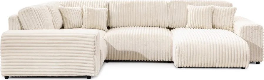 Colțar crem cu tapițerie din catifea reiată (cu colț pe partea stângă/în formă de "U") Justin – Ropez