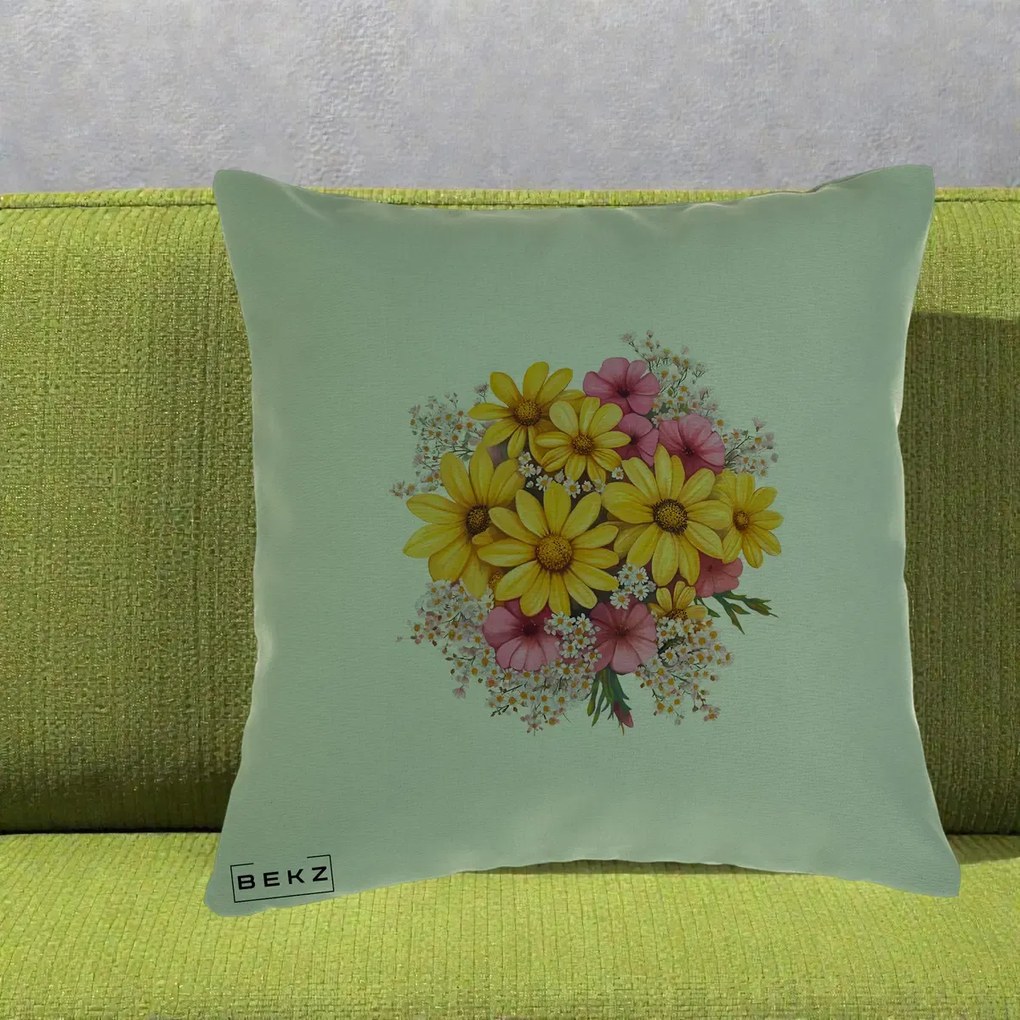 Perna Decorativa Floarea-Soarelui cu Cosmos Roz si Gypsophila, 40x40 cm, Verde, Husa Detasabila, Perna Inclusa, BEKZ®