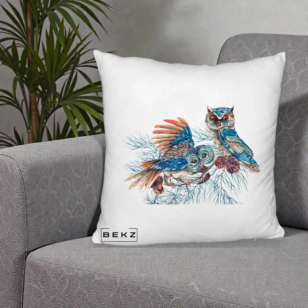 Perna Decorativa Bufnite de Iarna Albastre, 40x40 cm, Alb Pufos, Husa Detasabila, Perna Inclusa, BEKZ®