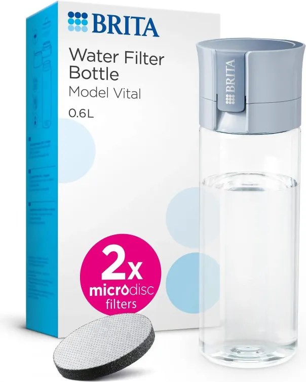 Sticlă filtrantă pentru apă Brita Fill & Go Vital, 600 ml, filtre MicroDisc, fără BPA, albastru deschis