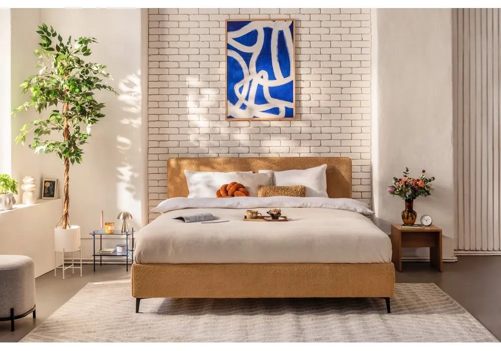 Pat dublu tapițat cu saltea și grilaj 180x200 cm în culoarea muștar Noira Slim - Bonami Selection