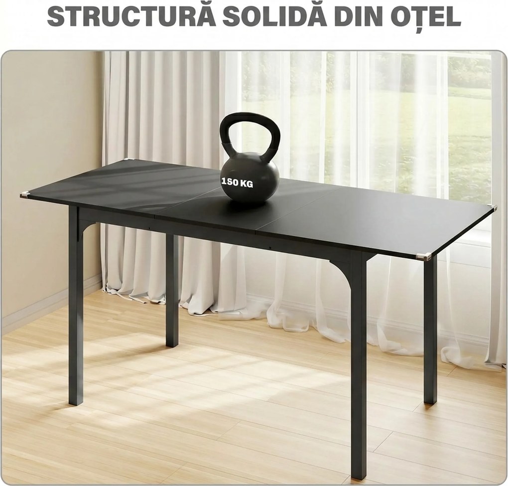 HOMCOM Masă de Grădină Extensibilă pentru 4-6 Persoane cu Picioare din Oțel, 160x70x75 cm, Negru | Aosom Romania