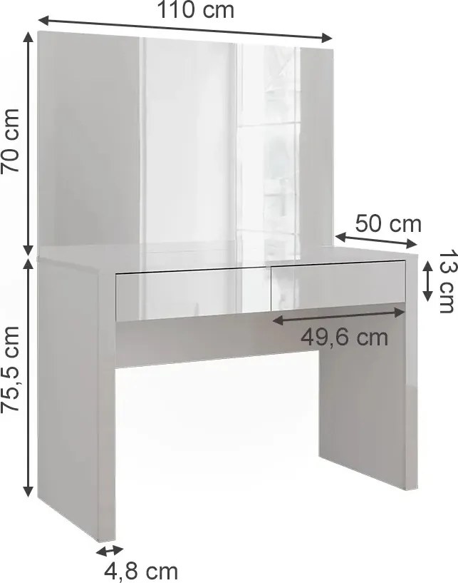 Masuta machiaj cu Oglinda LED si 2 Sertare pentru Cosmetice, Set Masa toaleta 110 cm, Alb Lucios, masuta cosmetica, vanity - SEA812