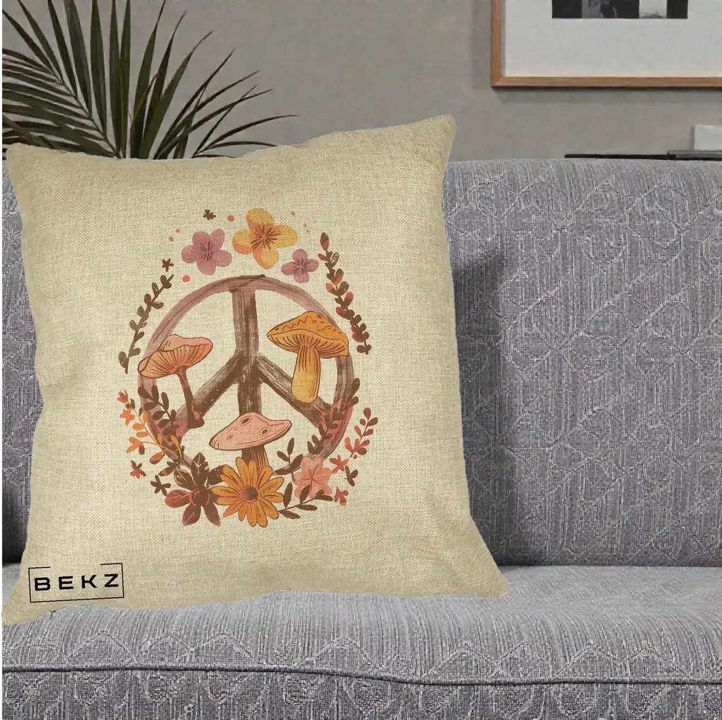 Perna Decorativa Peace Sign Ciuperci Floral, 40x40 cm, Crem, Husa Detasabila, Perna Inclusa, BEKZ®