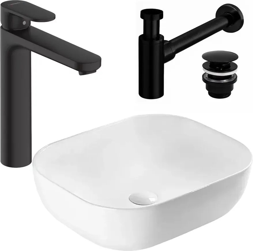 Pachet lavoar pe blat Rea Belinda alb 46.5 cm, baterie lavoar Hansgrohe Vernis Blend negru si ventil lavoar Click-Clack negru