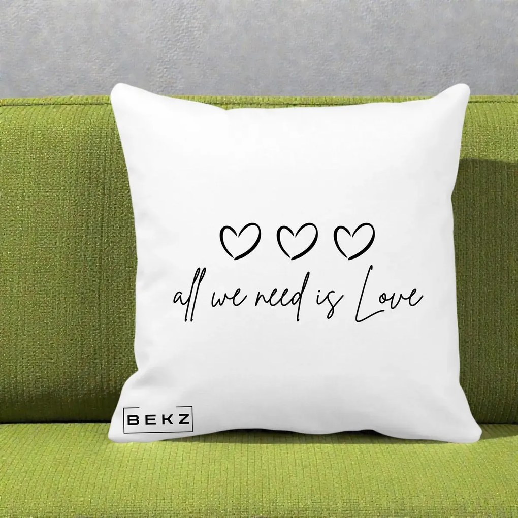 Perna Decorativa All We Need Is Love, 40x40 cm, Alba Mata, Husa Detasabila, Perna Inclusa, BEKZ®