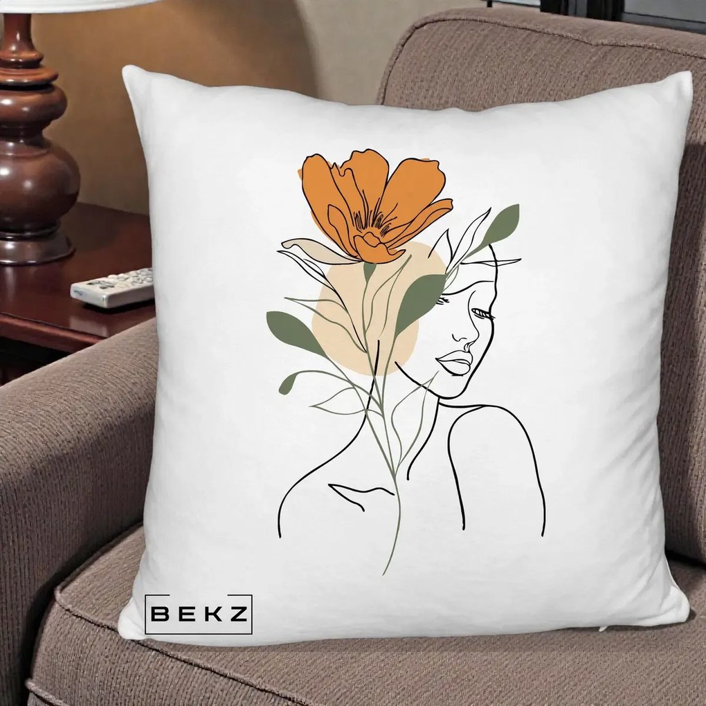 Perna Decorativa Portret Feminin Floare Portocalie, 40x40 cm, Alb Pufos, Husa Detasabila, Perna Inclusa, BEKZ®
