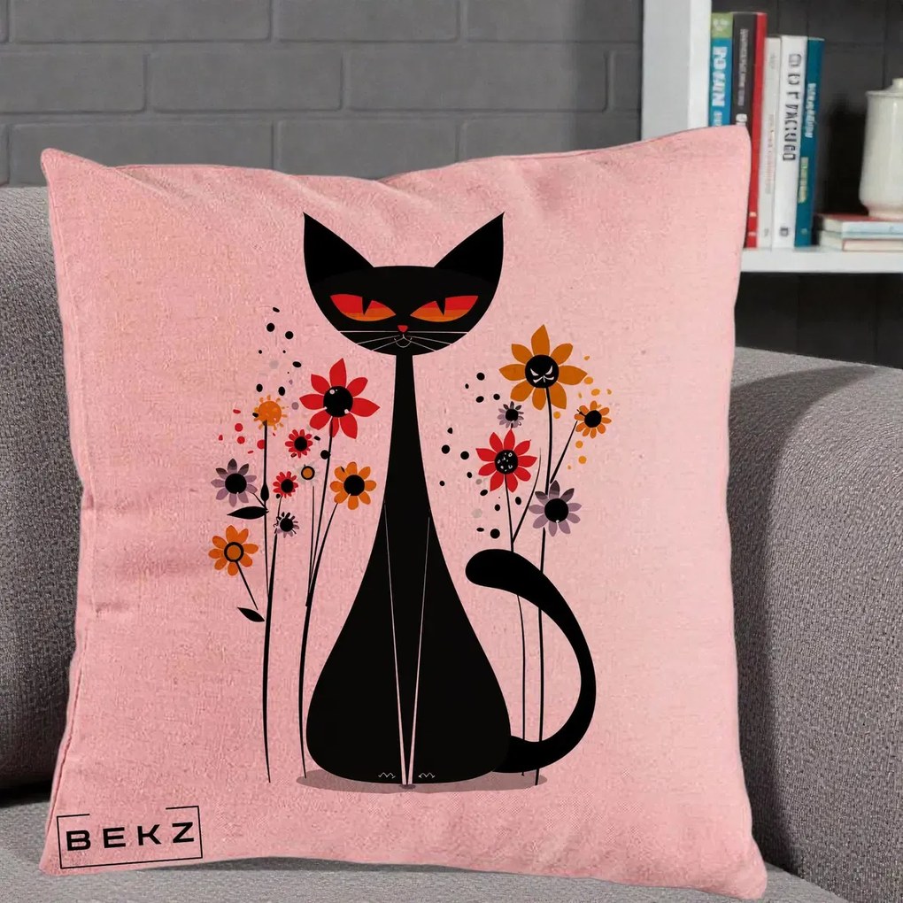 Perna Decorativa Pisica Neagra Ochi Rosii Flori, 40x40 cm, Roz, Husa Detasabila, Perna Inclusa, BEKZ®