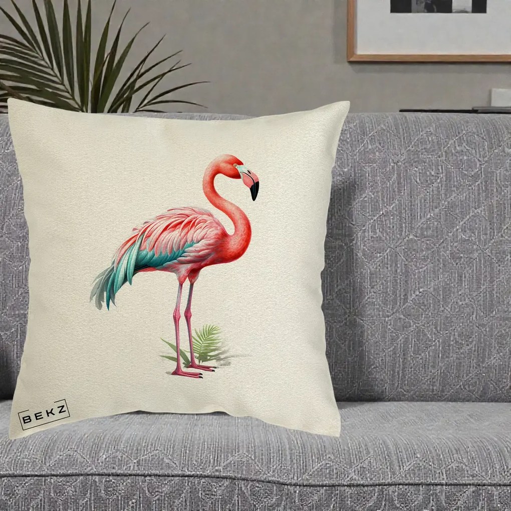 Perna Decorativa Flamingo Roz cu Pene Teal, 40x40 cm, Ecru, Husa Detasabila, Perna Inclusa, BEKZ®