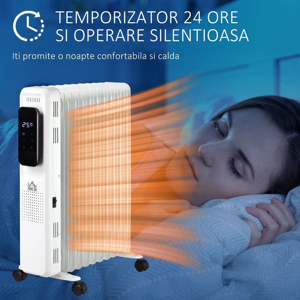 Radiator cu Ulei 11 Elementi, 3 Nivele de Incalzire, Timer si Temperatura Reglabila, 50.5x24x63cm, Alb HOMCOM | Aosom Romania