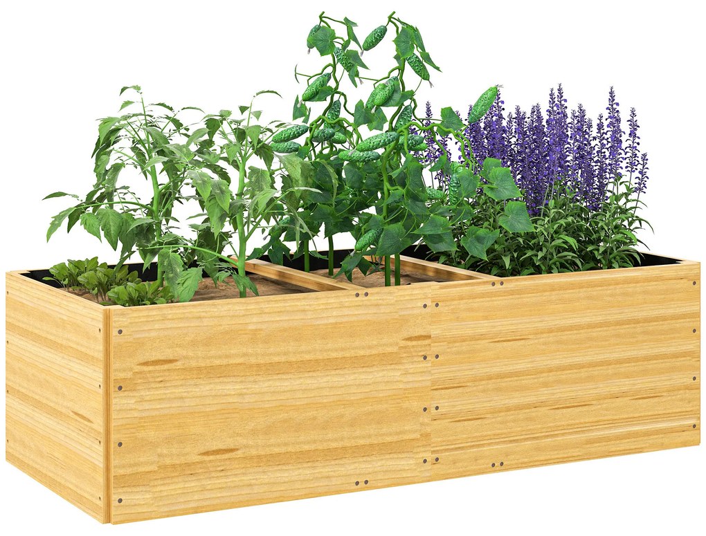 Outsunny Strat de Grădină Înălțat și Adânc cu 3 Zone de Creștere și Strat de Protecție, 140x60x40 cm, Lemn Natural | Aosom Romania