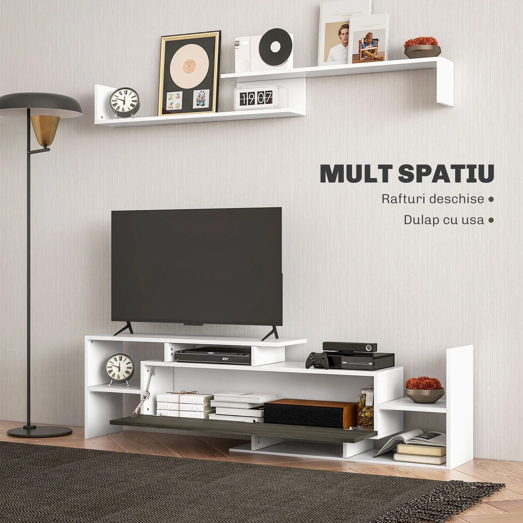 HOMCOM Mobilier TV cu Raft de Perete, Rafturi Deschise și Dulăpior din Lemn, Mobilier TV Modern, 153,6x25x42 cm, Alb | Aosom Romania