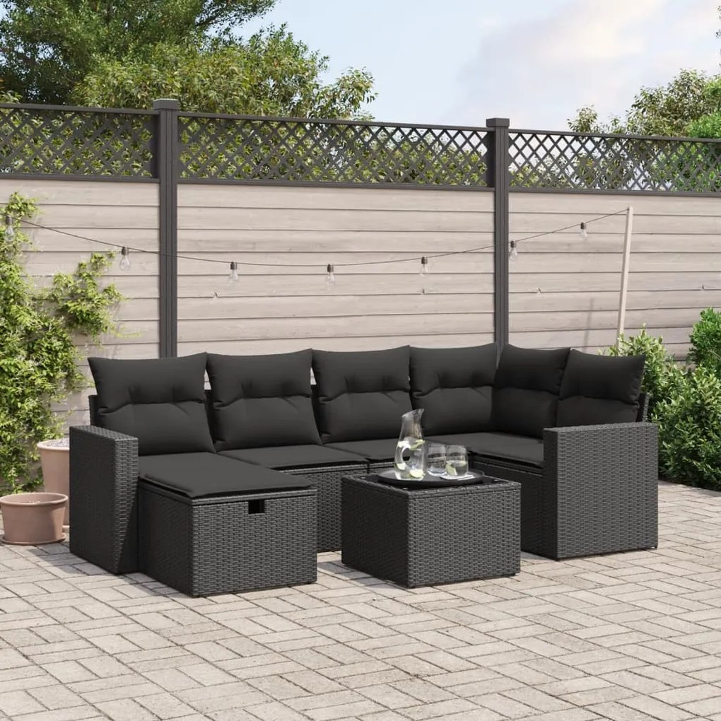 vidaXL Set canapele de grădină cu perne, 7 piese, negru, poliratan