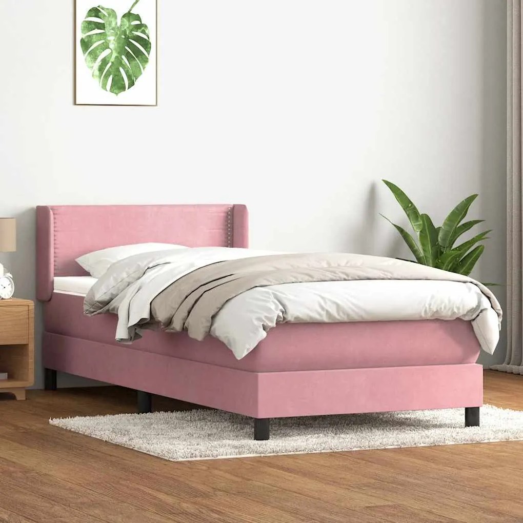 vidaXL Pat box spring cu saltea, roz, 100x220 cm, catifea