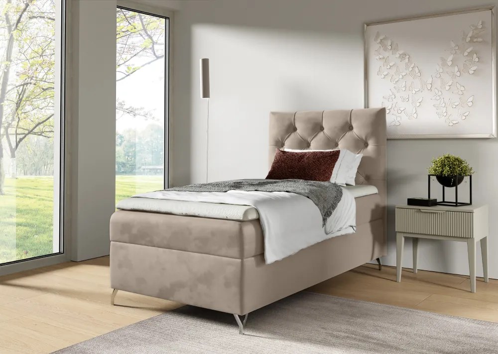 Pat cu boxspring, 90x200, ţesătură bej Velvet, pe dreapta, GULIETTE + cadou