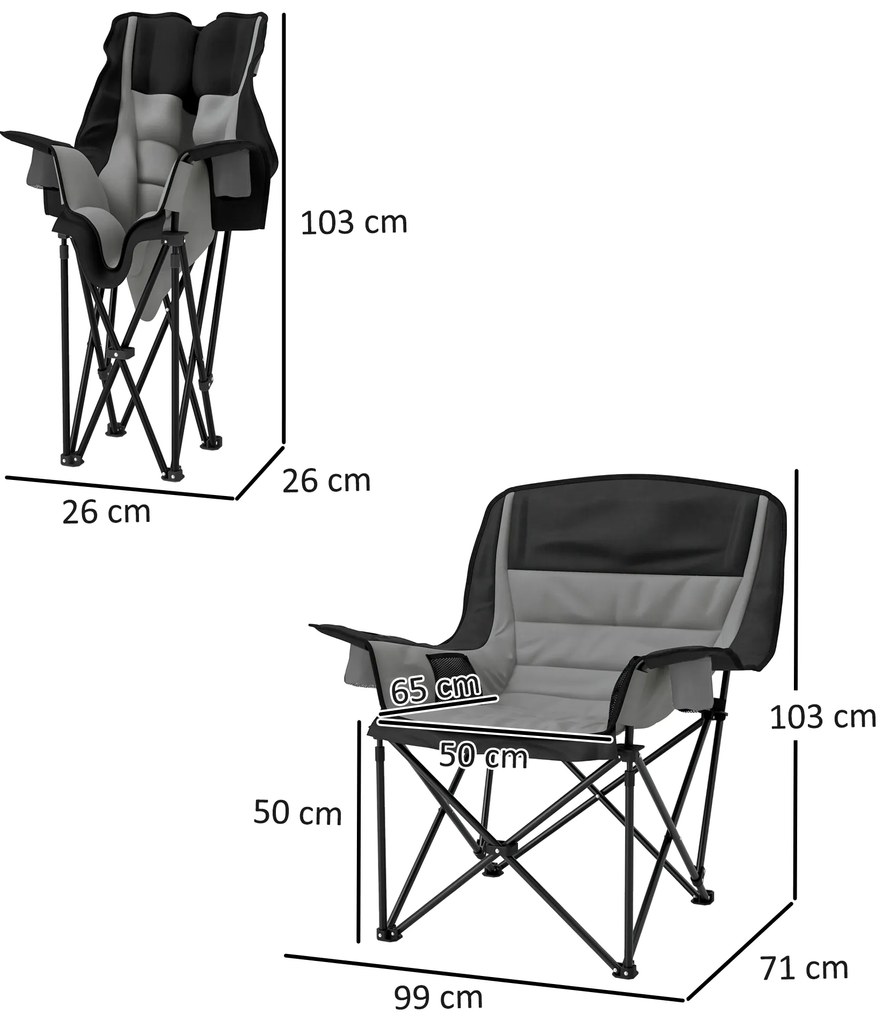 Outsunny Scaun de Camping Pliabil cu 2 Suporturi pentru Pahare și Buzunare Laterale, 99x71x103 cm, Gri | Aosom Romania