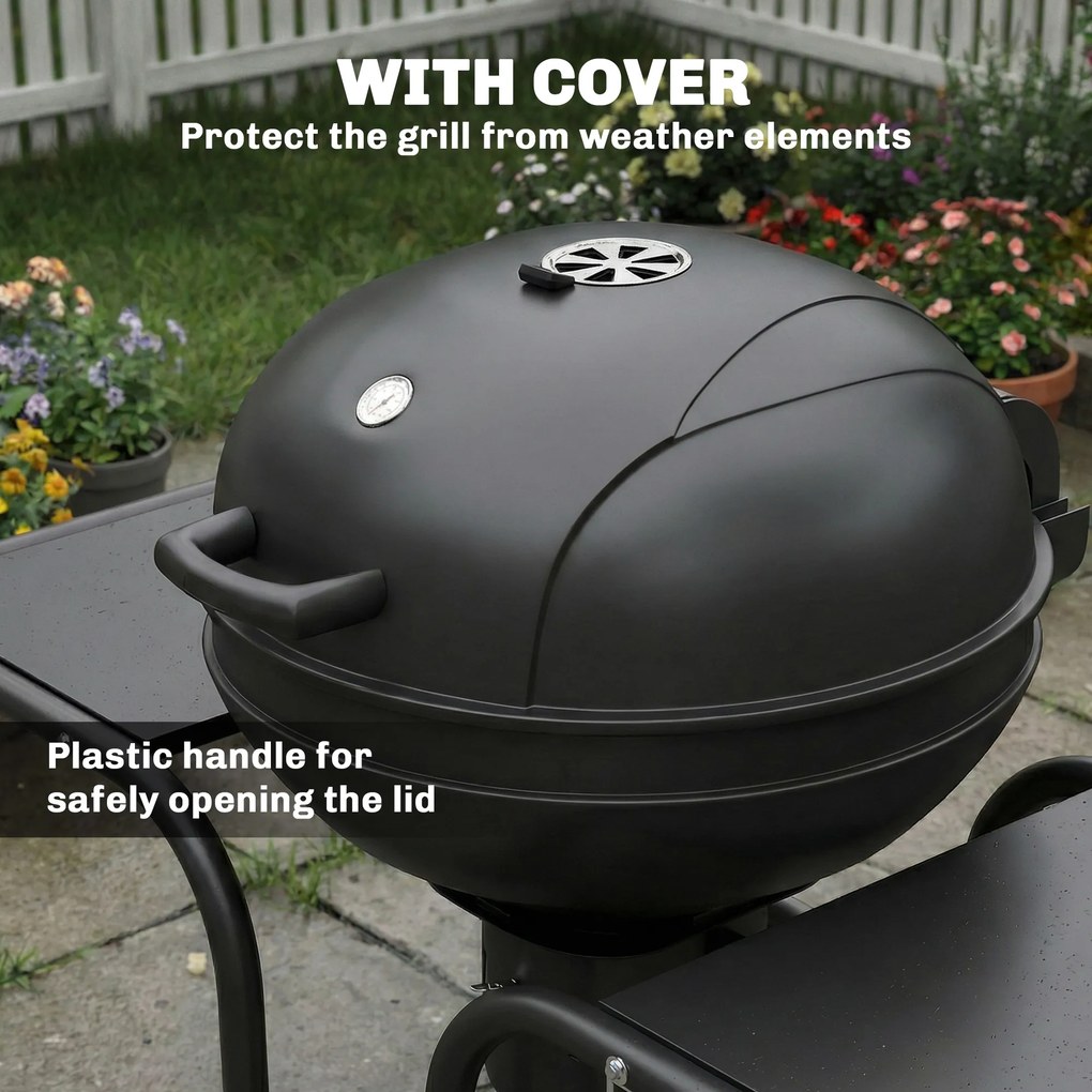 Outsunny Grătar pe cărbuni BBQ Smoker cu mese laterale, termometru în capac, roți 129 x 63,5 x 106,5 cm | Aosom Romania