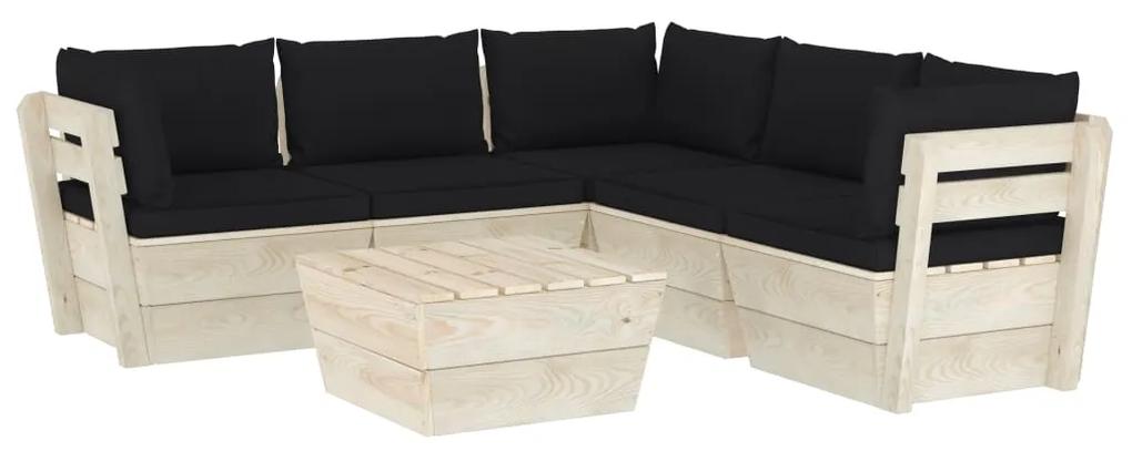 Set mobilier gradina din paleti cu perne, 6 piese, lemn molid Negru, 3x colt + 2x mijloc + masa, 1