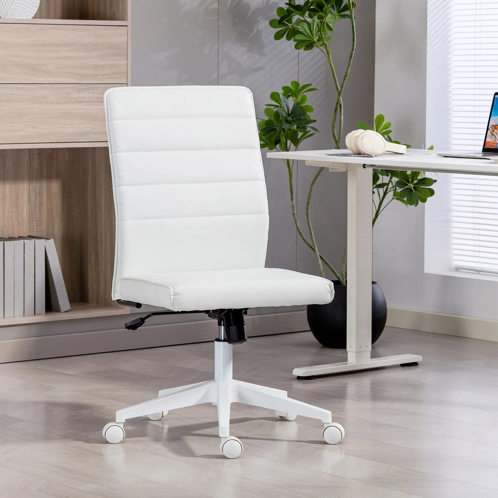 HOMCOM Scaun de Birou Ergonomic și Reglabil cu Spătar Curbat, din Piele PU și Oțel, 58x53x97-107 cm, Alb | Aosom Romania