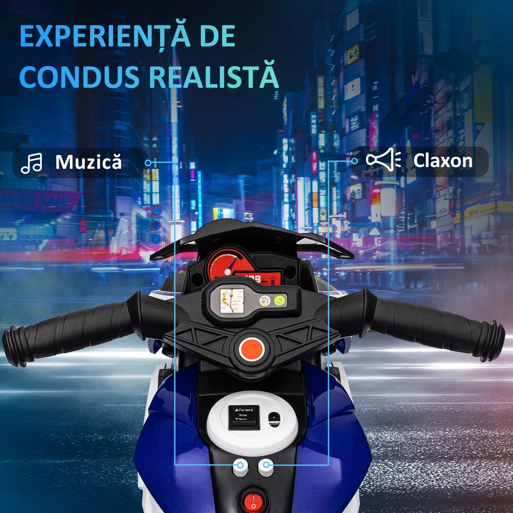 HOMCOM Motocicletă Electrică pentru Copii 3-5 Ani, Max. 25kg, cu Baterie 6V, Albastru | Aosom Romania