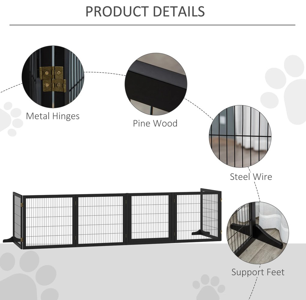 PawHut Poarta pentru câini pliabilă, 432 x 36 x 70 cm Lemn de pin, Negru | Aosom Romania