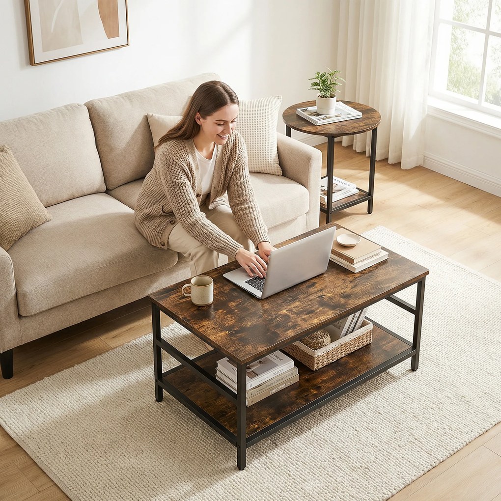 HOMCOM Set mese de cafea, 2 piese, masă dreptunghiulară și rotundă cu depozitare în 2 nivele, maro rustic | Aosom Romania