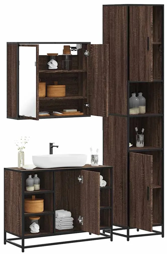 vidaXL Set mobilier de baie, 3 piese, stejar maro, lemn prelucrat