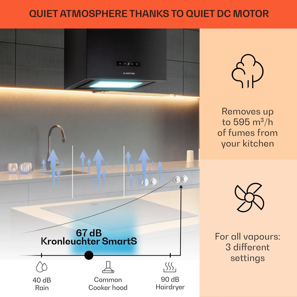 Klarstein Kronleuchter Smart, hotă insulă, 595 m³ / h, control cu ajutorul aplicației, panou LED
