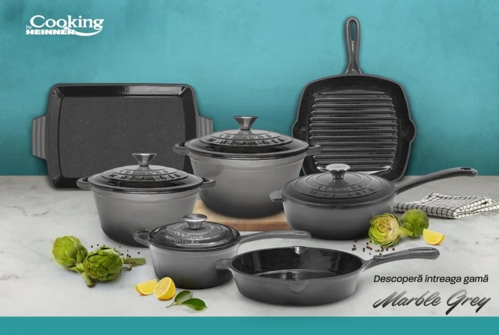 Oală din fontă emailată cu capac 28x13 cm, 6L – Cooking by Heinner, Marble Grey HR-ZVC-S28, păstrează căldura și aromele