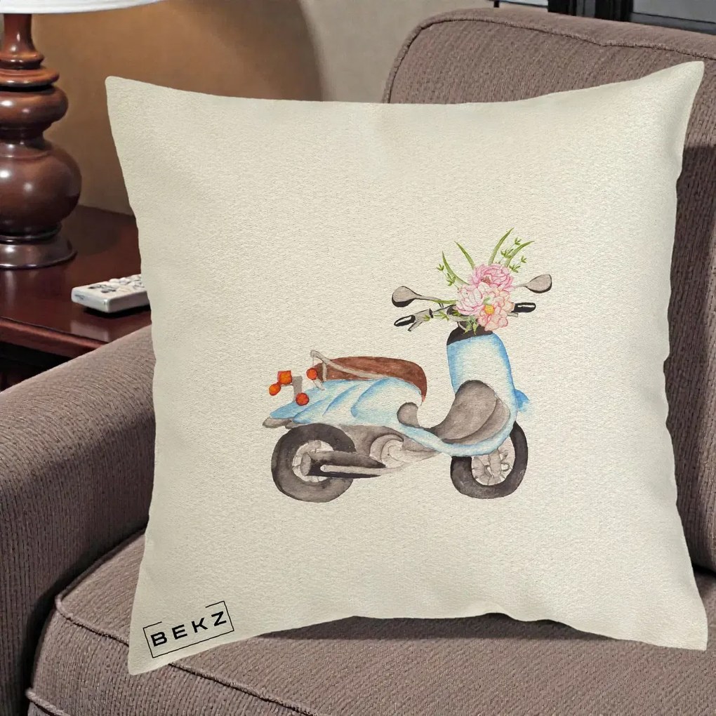 Perna Decorativa Scuter Albastru cu Flori Acuarela, 40x40 cm, Ecru, Husa Detasabila, Perna Inclusa, BEKZ®