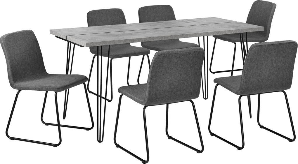 [en.casa]® Set design  masa bucatarie cu 6 scaune, 160 x 75 x 77cm, efect beton/gri inchis
