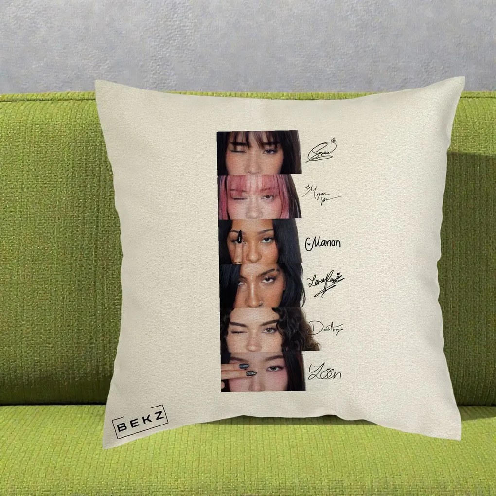 Perna Personalizata K-pop KATSEYE Semnaturi fara Foto, 40x40 cm, Ecru, Husa Detasabila, Perna Inclusa, BEKZ®