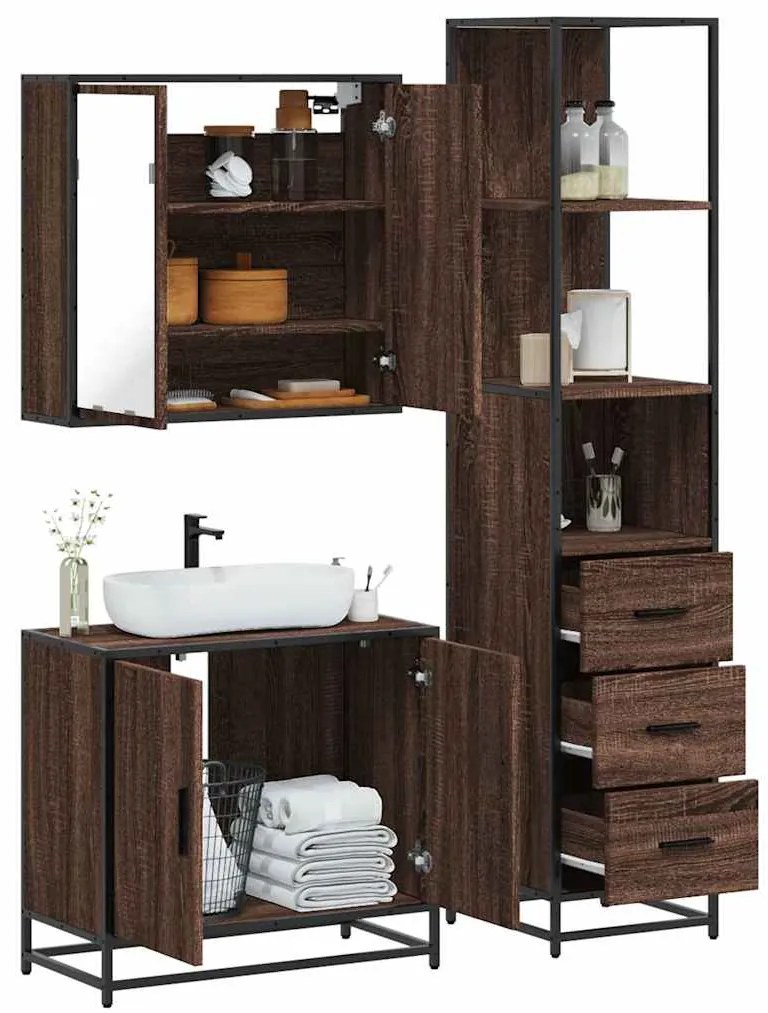 vidaXL Set mobilier de baie, 3 piese, stejar maro, lemn prelucrat