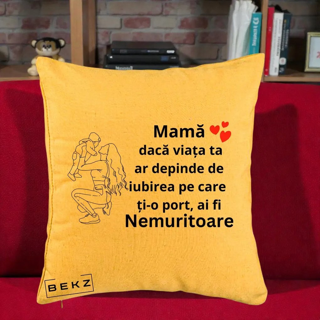 Cadou pentru Mama - Perna Personalizata Mama Nemuritoare Portret Graphic, 40x40 cm, Galben, Husa Detasabila, Perna Inclusa, BEKZ®