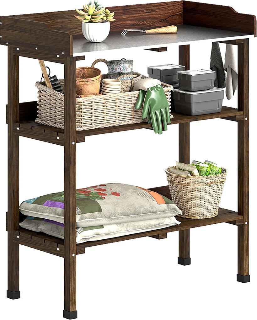 Outsunny Masă de grădină din lemn cu suprafață metalică, rafturi și cârlige pentru grădină, terasă 76x37x89 cm Carbonizat | Aosom Romania