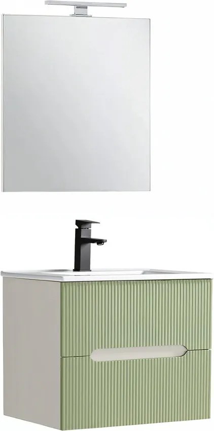 Trent mobilier de baie 60 cm ceramică chiuvetă (2 sertare) cu oglindă 60x80 cm alb-verde deschis