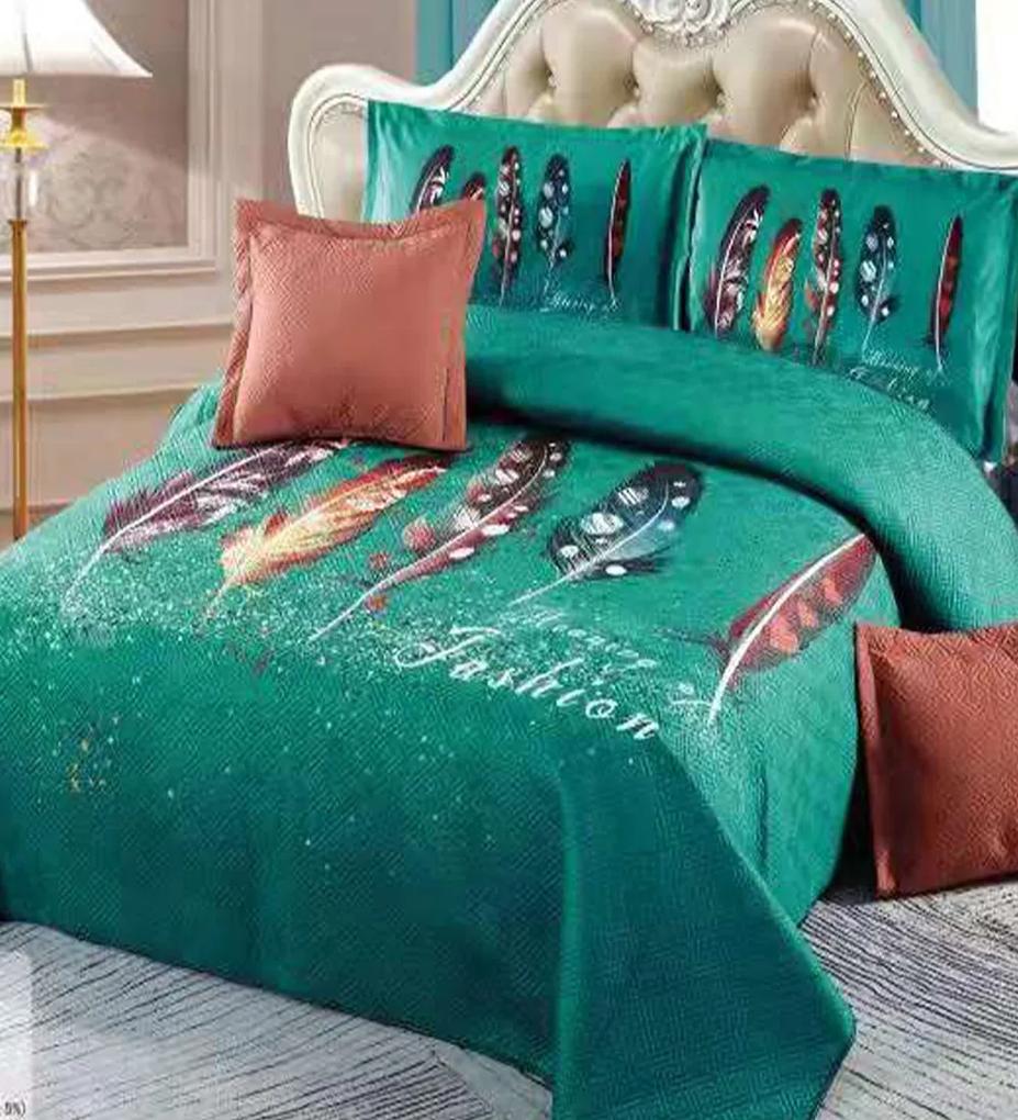 Cuvertura de pat si 4 fete de perna, catifea, pat 2 persoane, turquoise, E300-01