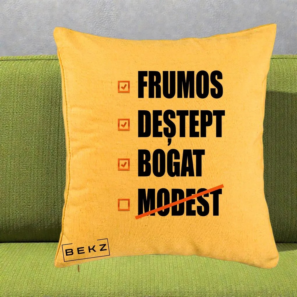 Perna Decorativa Frumos Destept Bogat, 40x40 cm, Galben, Husa Detasabila, Perna Inclusa, BEKZ®