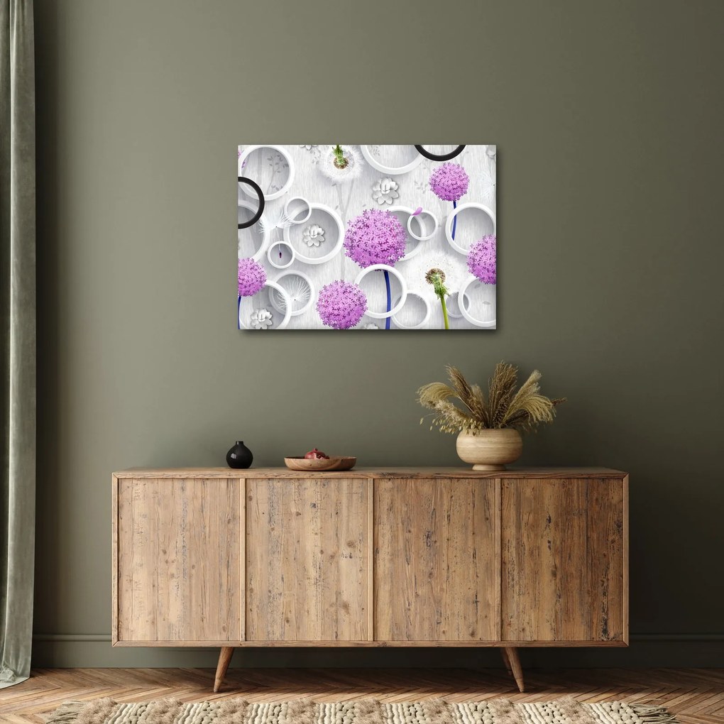 Tablou cu abstracție 3D cu cercuri și flori (70x50 cm)
