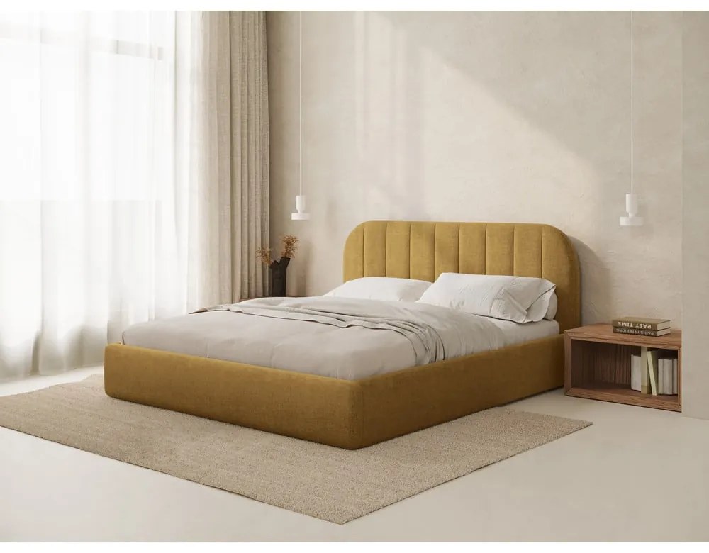 Pat matrimonial galben muștar tapițat cu spațiu de depozitare cu somieră 200x200 cm Juno – Windsor & Co Sofas