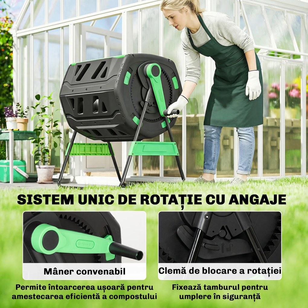 Compostor de Grădină Rotativ Outsunny 200L cu Cameră Dublă, Rotație 360°, Guri de Aerisire, Mănuși, din PP Fără BPA, pentru Compostare Deșeuri Organice din Bucătărie, Grădină și Curte | Aosom Romania