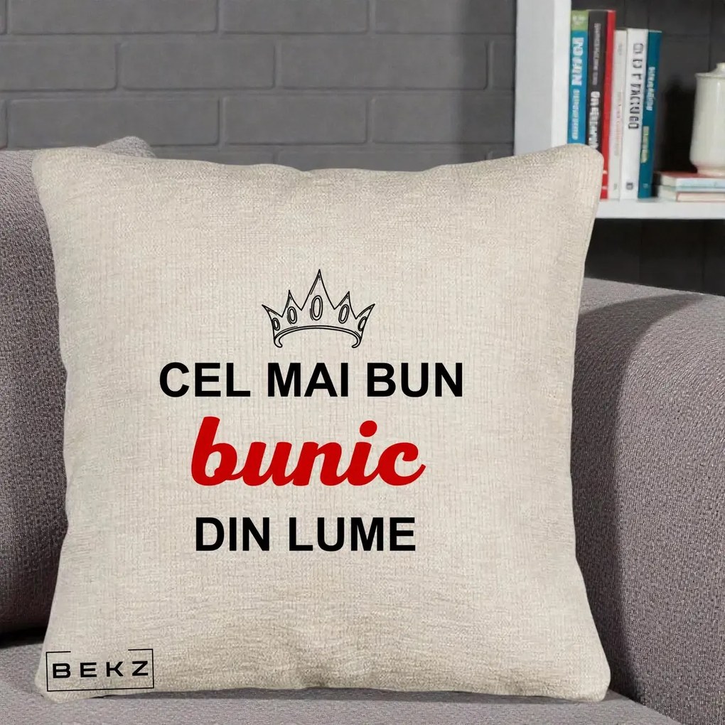Cadou pentru Bunic - Perna Personalizata Cel Mai Bun Bunic Din Lume Coroana Rosu, 40x40 cm, Bej Canapea, Husa Detasabila, Perna Inclusa, BEKZ®