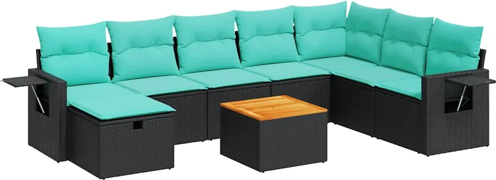 vidaXL Set mobilier de grădină cu perne, 9 piese, negru, poliratan