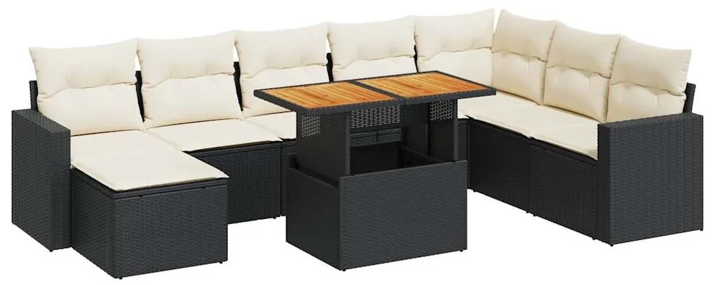 3327073 vidaXL Set mobilier de grădină cu perne, 9 piese, negru, poliratan