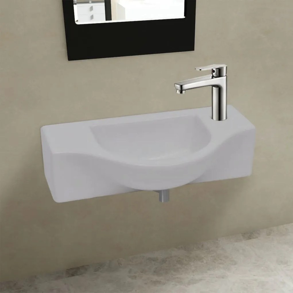 vidaXL Chiuvetă de baie din ceramică, gaură pentru robinet și preaplin, alb