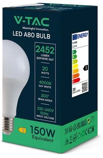 Bec LED E27, 20W (150W), V-TAC, A80, 2452lm, Lumina Neutra (4000K)