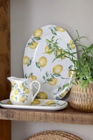 Bol decorativ pentru servire, stil mediteranean, decor lămâi, din lemn de mango, „Tours”