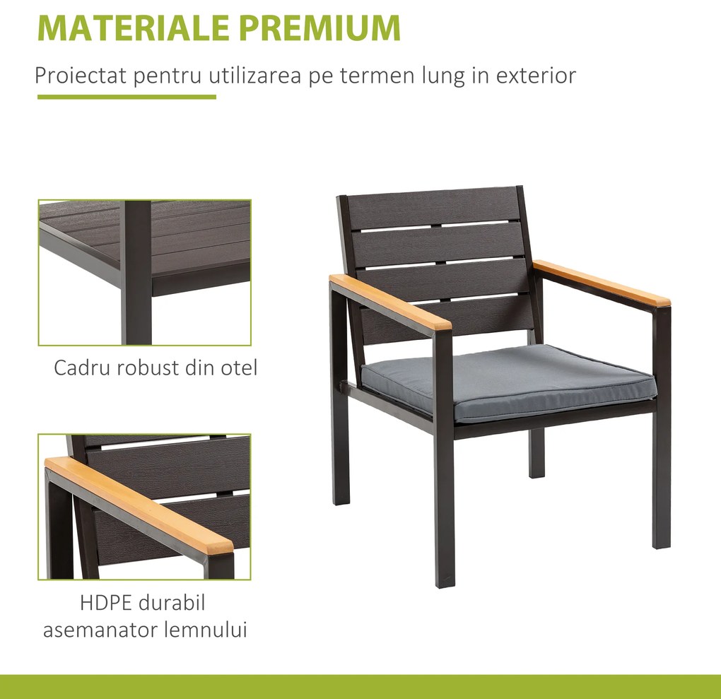 Salon de Gradina Outsunny Set 4 Piese cu 1 Canapea, 2 Fotolii si 1 Masuta, Mobilier de Gradina din Otel si Plastic, Maro